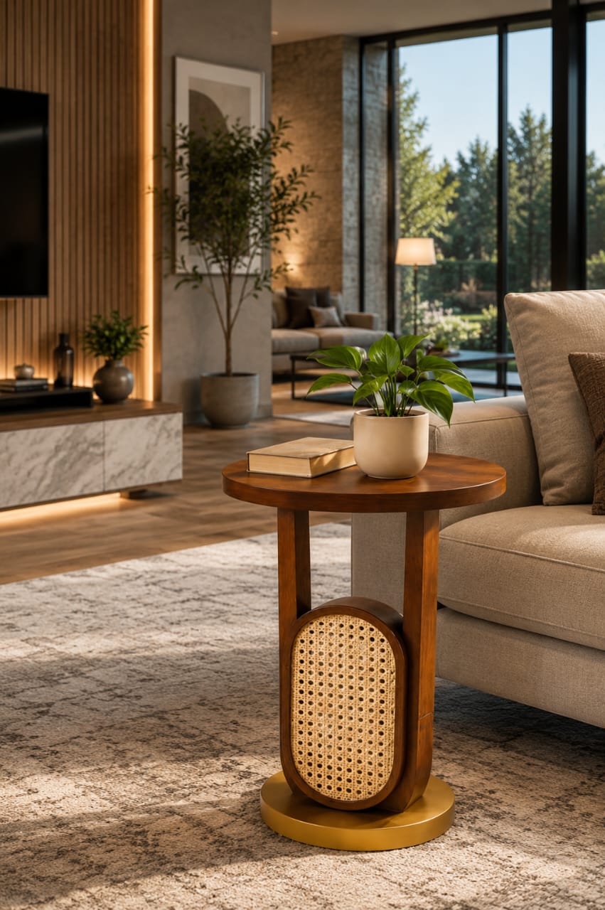 Luxury Sheesham wood side table with handwoven rattan design, showcasing intricate craftsmanship and elegant natural finish.