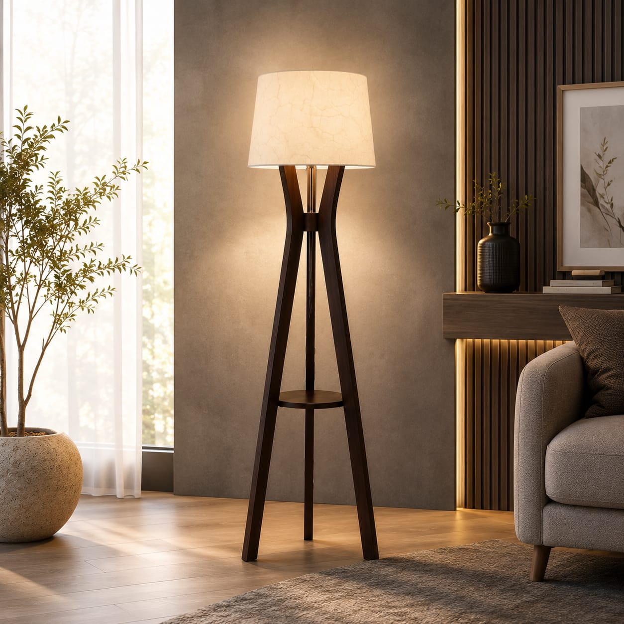 Premium Sheesham Wood Tripod Floor Lamp with Shelf