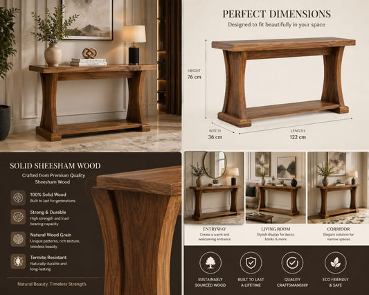 Solid Sheesham wood console table with lower display shelf, natural finish, ideal for entryways or living rooms.
