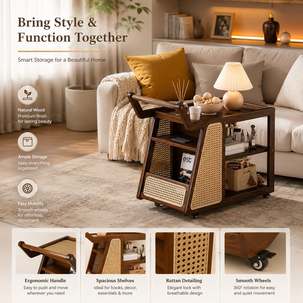 Premium Solid Sheesham Wood Serving Trolley with Rattan Storage