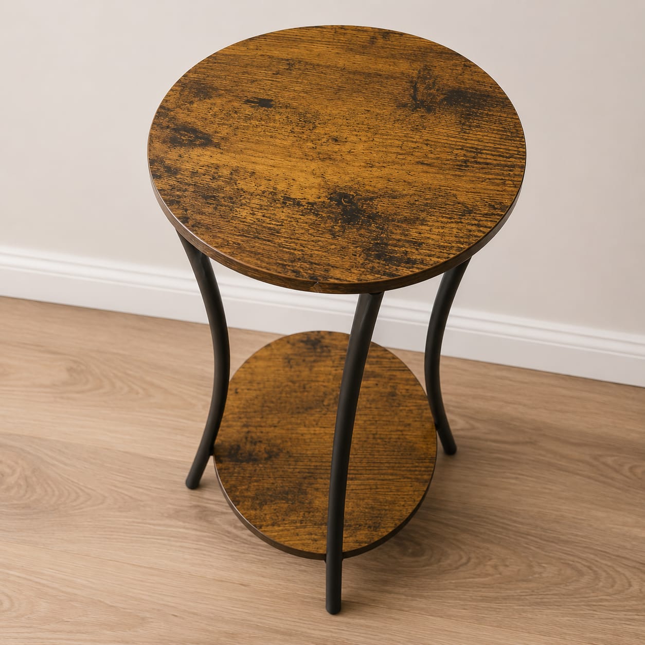 Rustic Round 2-Tier Wooden Side Table with Metal Frame | Plant Stand & End Table