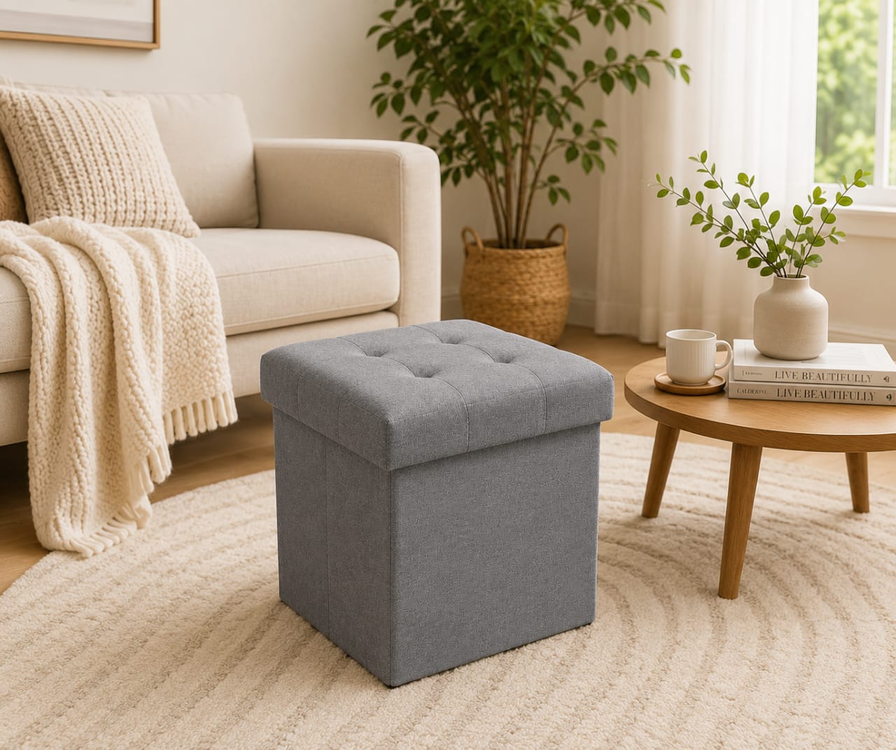 Premium Foldable Storage Ottoman Set (Pair) – Tufted Fabric Storage Cubes with Hidden Storage