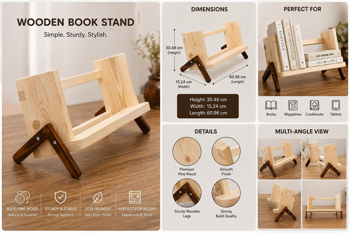 Premium Solid Wood Book Stand | Handcrafted Display Organizer for Books, Cookbooks & Tablets