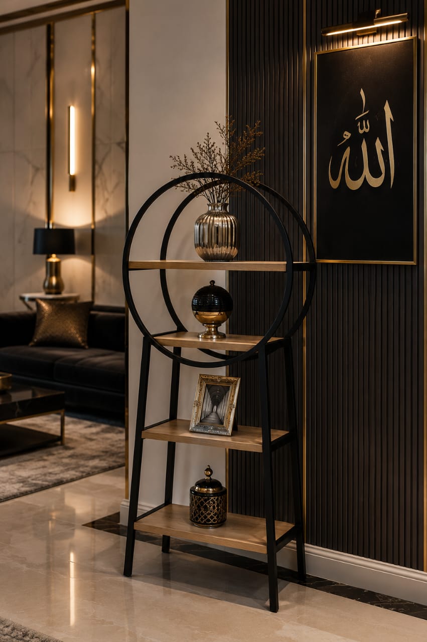 Modern round wooden shelf with metal frame from Sellixpk Furniture Hub, featuring display storage and contemporary design.