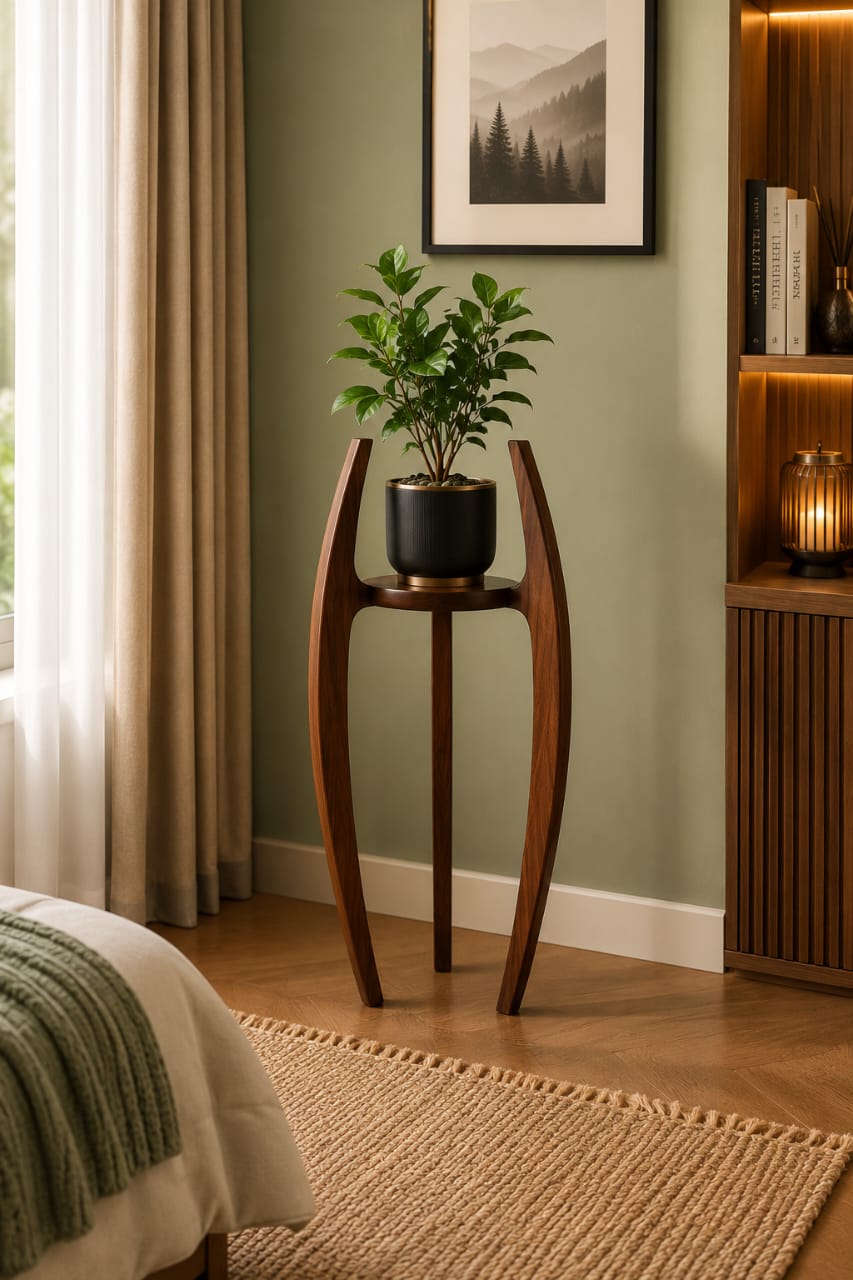 Solid Sheesham wood round plant stand from Sellixpk Furniture Hub, showcasing a luxurious style display table with intricate wood grain details.