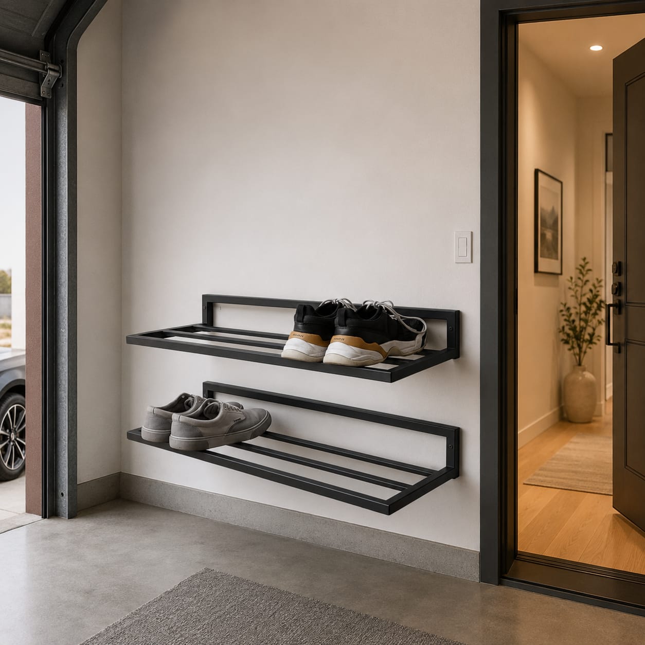 Modern wall-mounted metal shoe rack shelf from Sellixpk Furniture Hub, showcasing a sleek, space-saving design for organized footwear storage.
