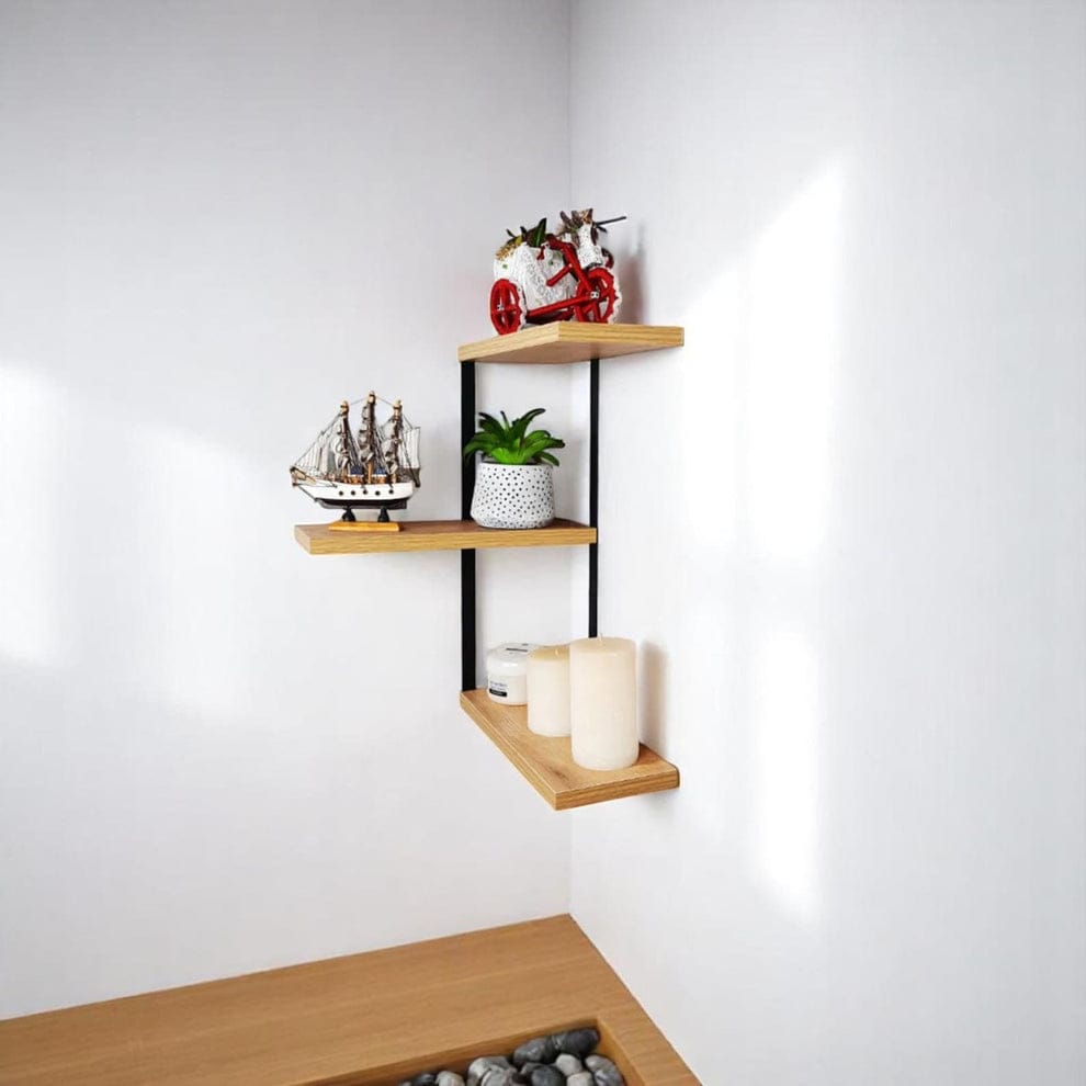 Modern 3-tier corner floating wall shelf by Sellix, showcasing sleek design and multiple storage levels for home decor.