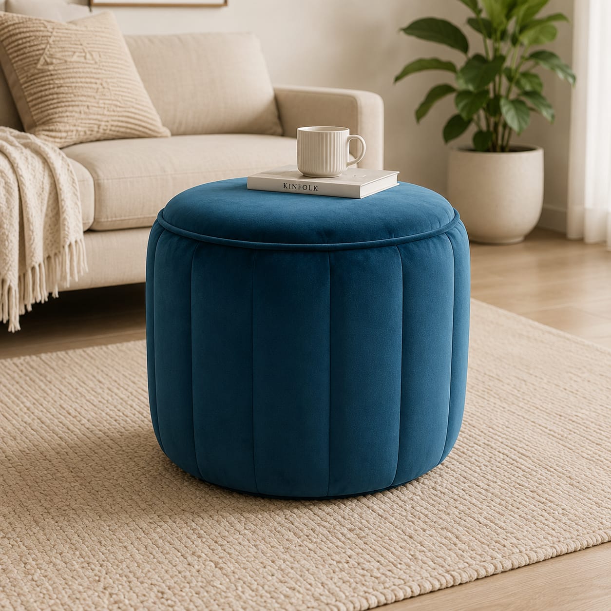 Luxury velvet round ottoman stool from Sellixpk Furniture Hub with plush fabric and modern design.