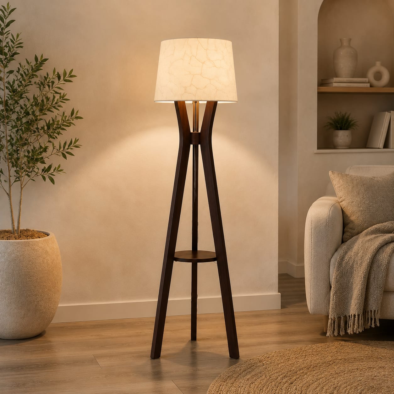 Premium Sheesham Wood Tripod Floor Lamp with Shelf