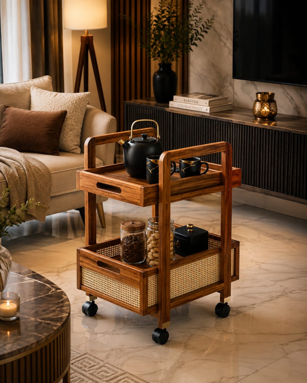 Solid Sheesham wood serving trolley with two tiers and rattan accents, featuring a sturdy frame and handles for easy transport.
