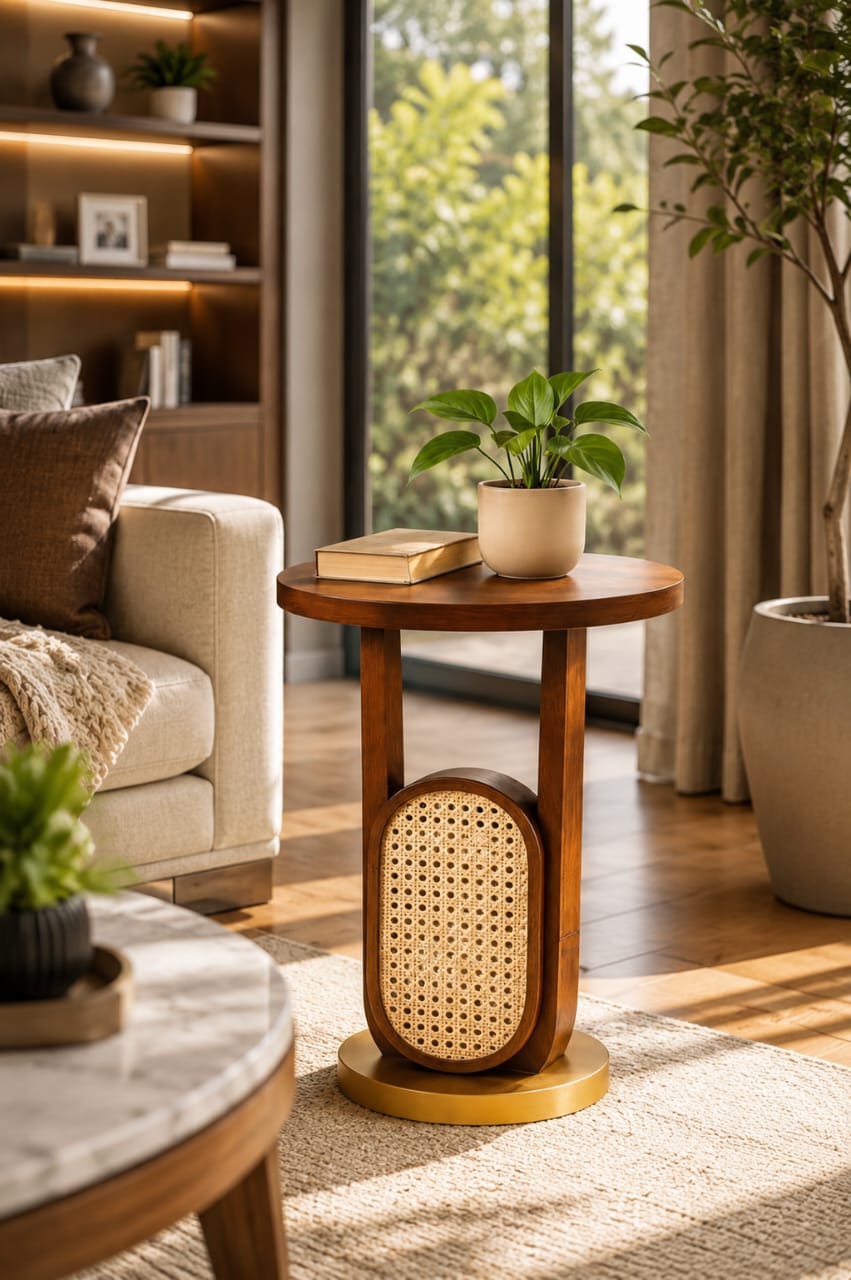 Luxury Sheesham wood side table with handwoven rattan design from Sellixpk Furniture Hub, showcasing intricate craftsmanship.