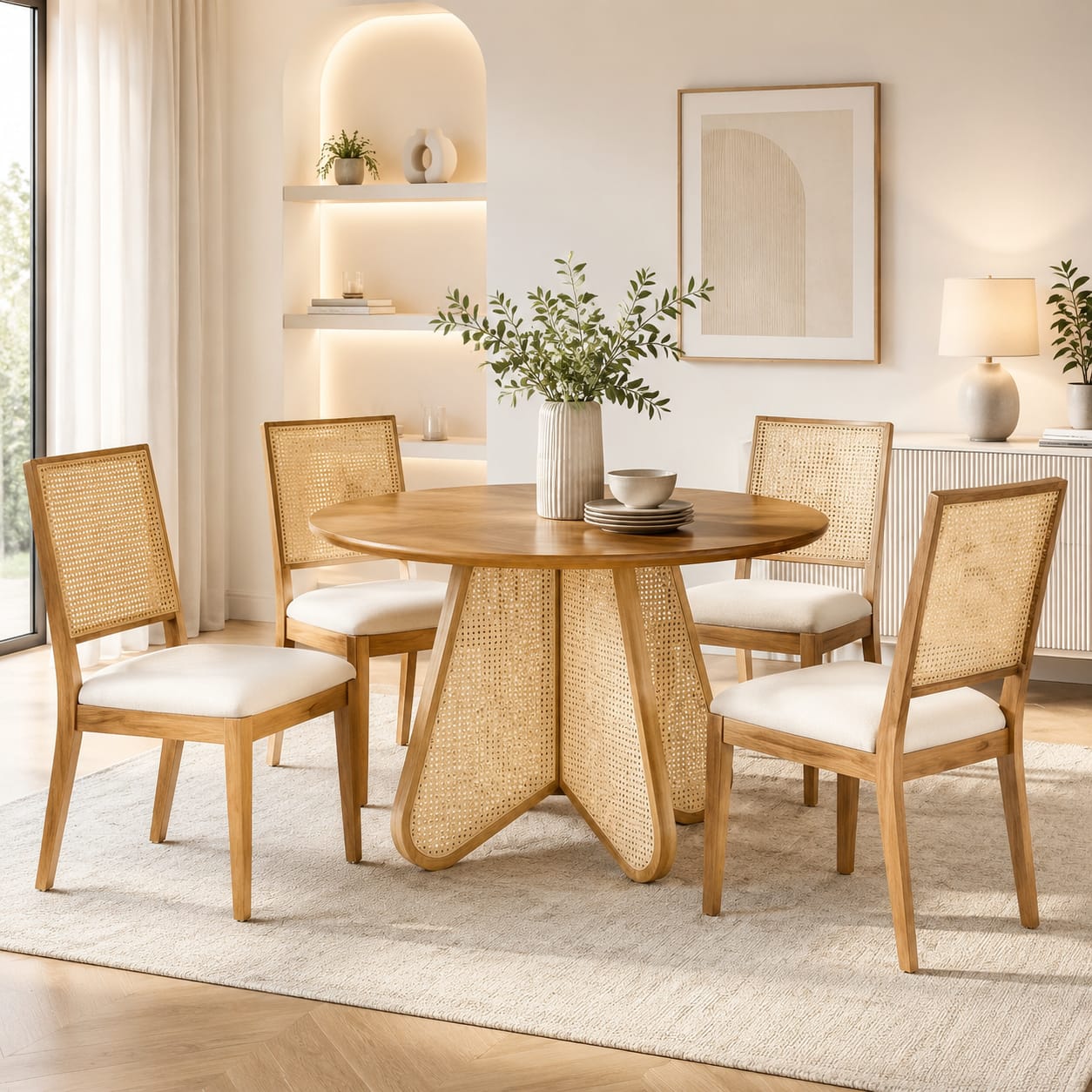 Modern Wooden Dining Table Set with Rattan Chairs