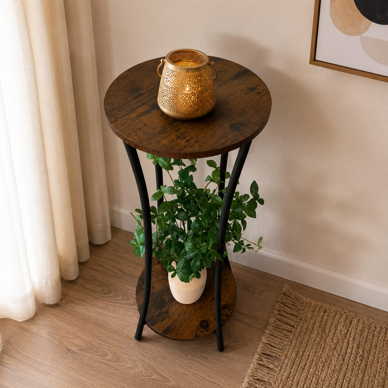 Rustic Round 2-Tier Wooden Side Table with Metal Frame | Plant Stand &amp; End Table