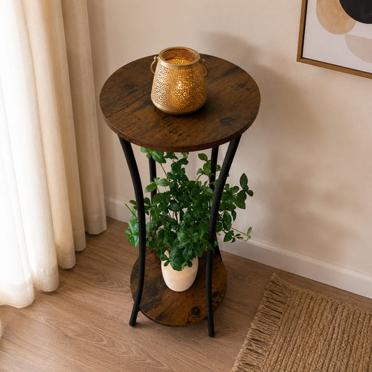 Rustic Round 2-Tier Wooden Side Table with Metal Frame | Plant Stand &amp; End Table