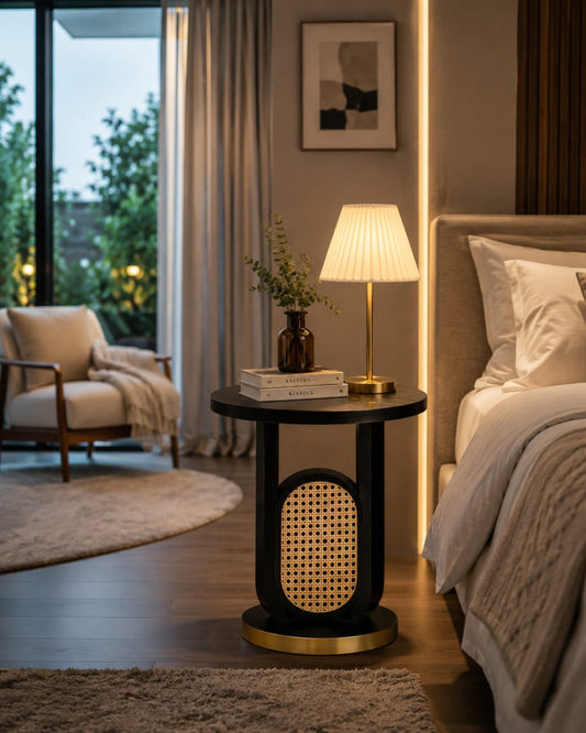 Luxury Sheesham wood side table with handwoven rattan design, showcasing intricate craftsmanship and natural wood finish.