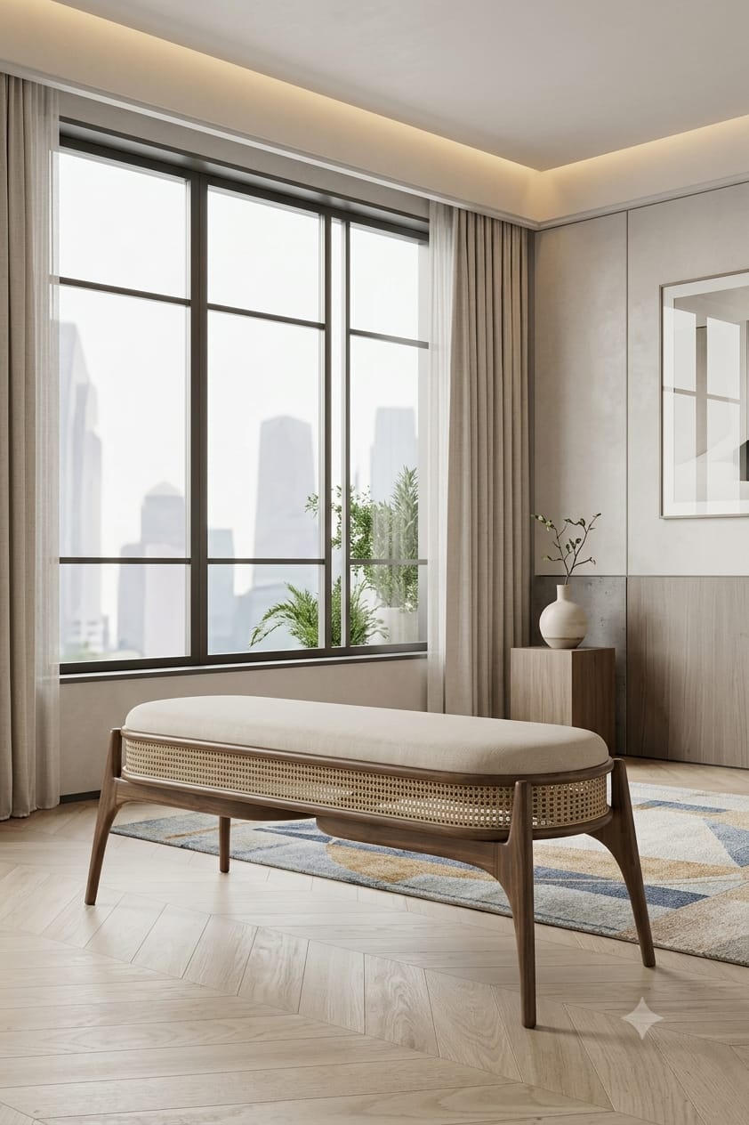Luxury Sheesham Wood Cane Bench with Premium Cushion