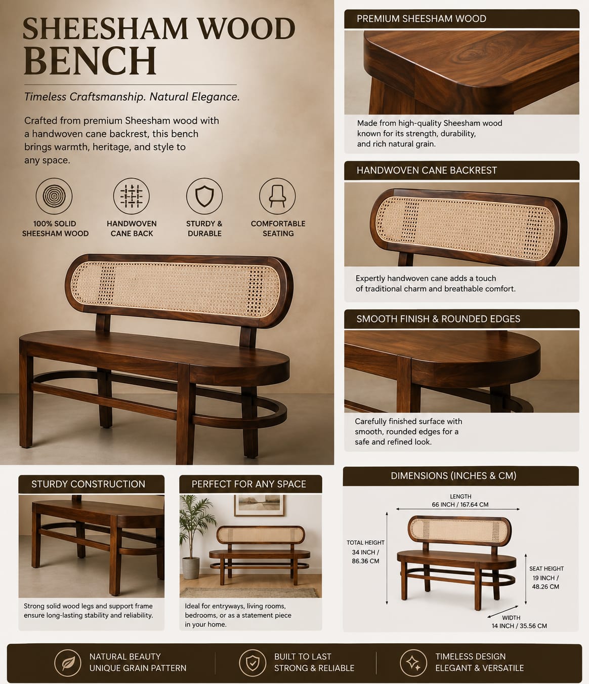 The Artisan Sheesham & Natural Cane Dining Bench