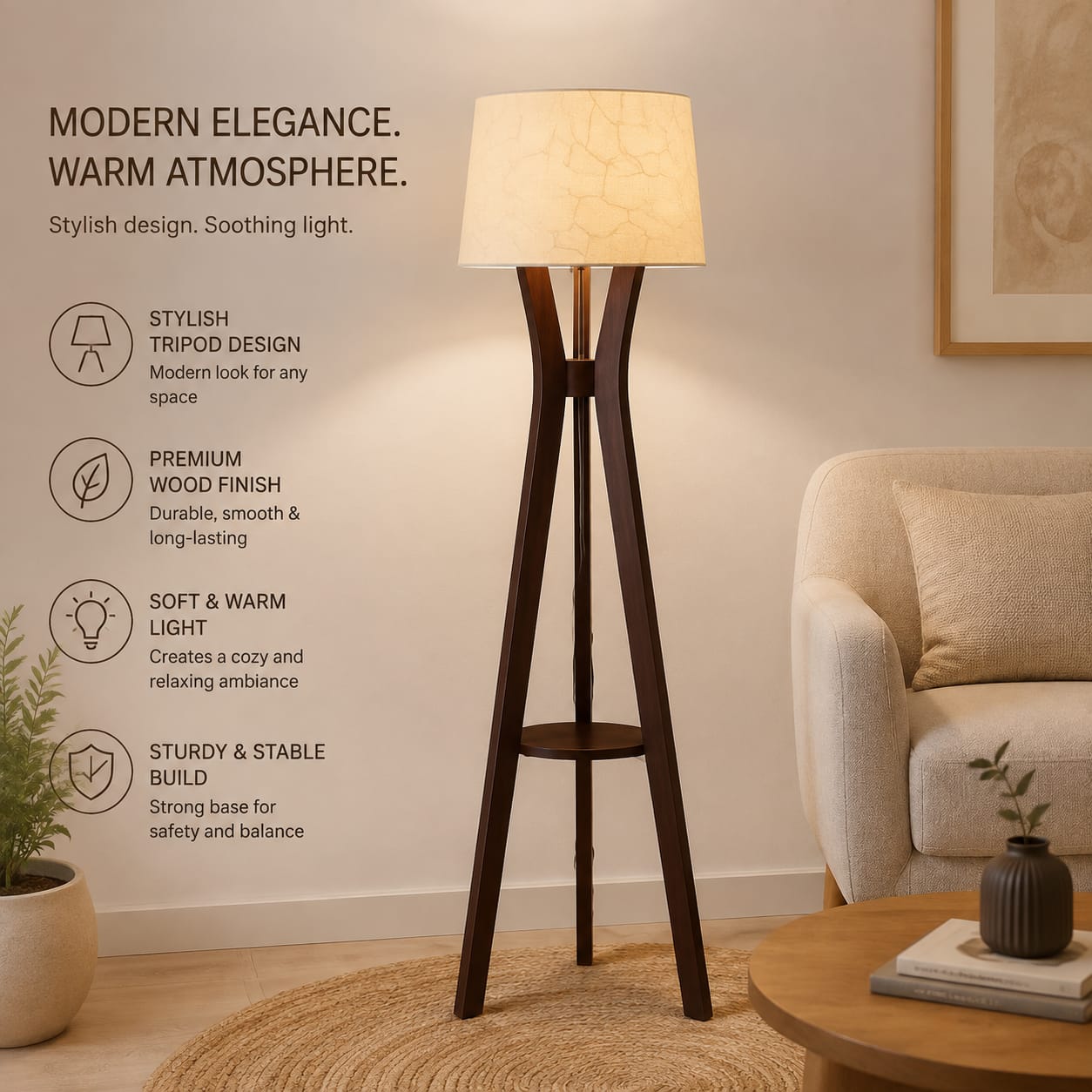 Premium Sheesham Wood Tripod Floor Lamp with Shelf