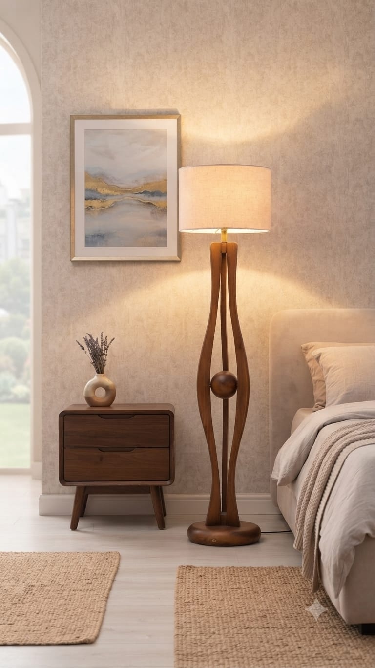 Solid sheesham wood floor lamp stand, 139cm tall, modern luxury home decor by Sellixpk Furniture Hub.