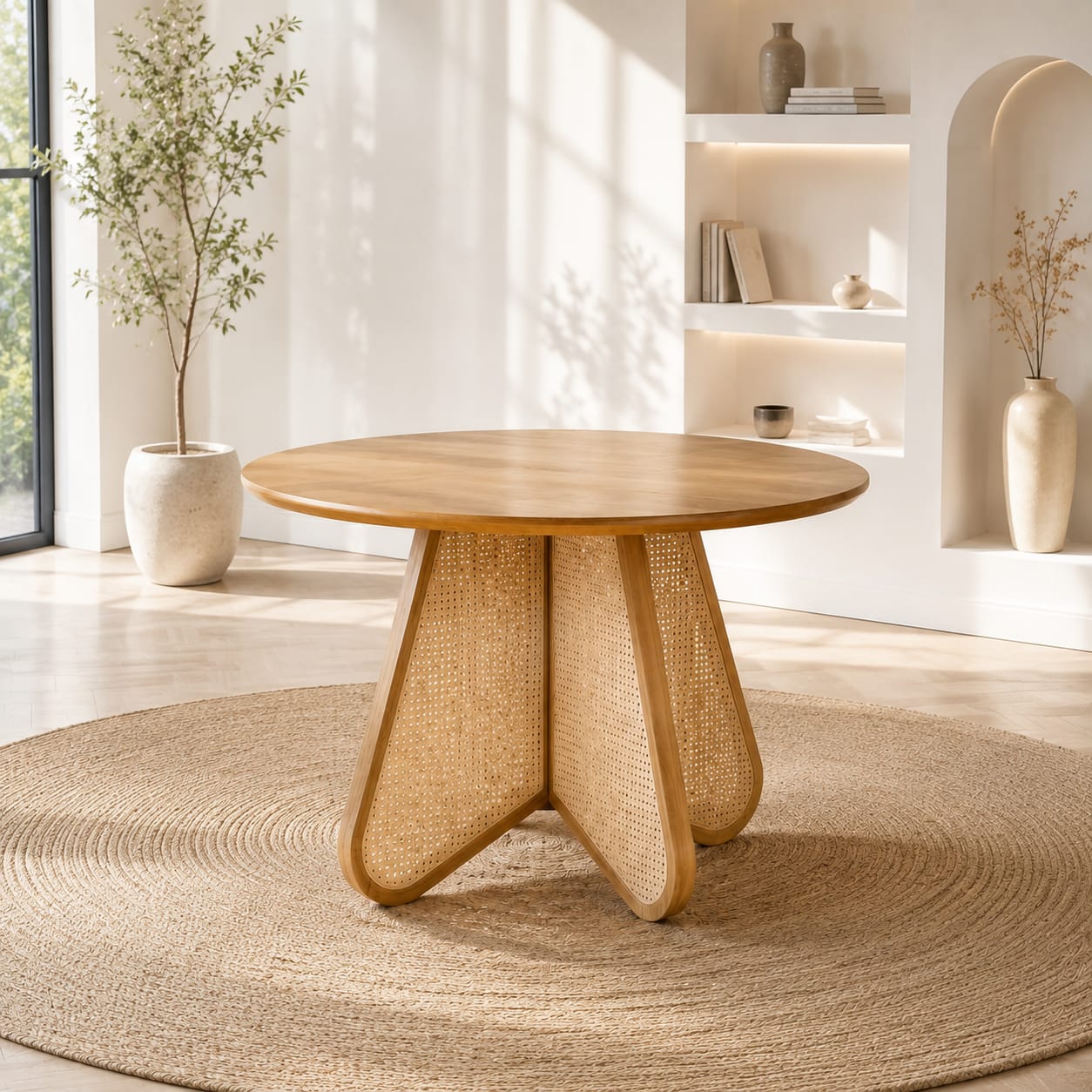 Modern Wooden Dining Table Set with Rattan Chairs