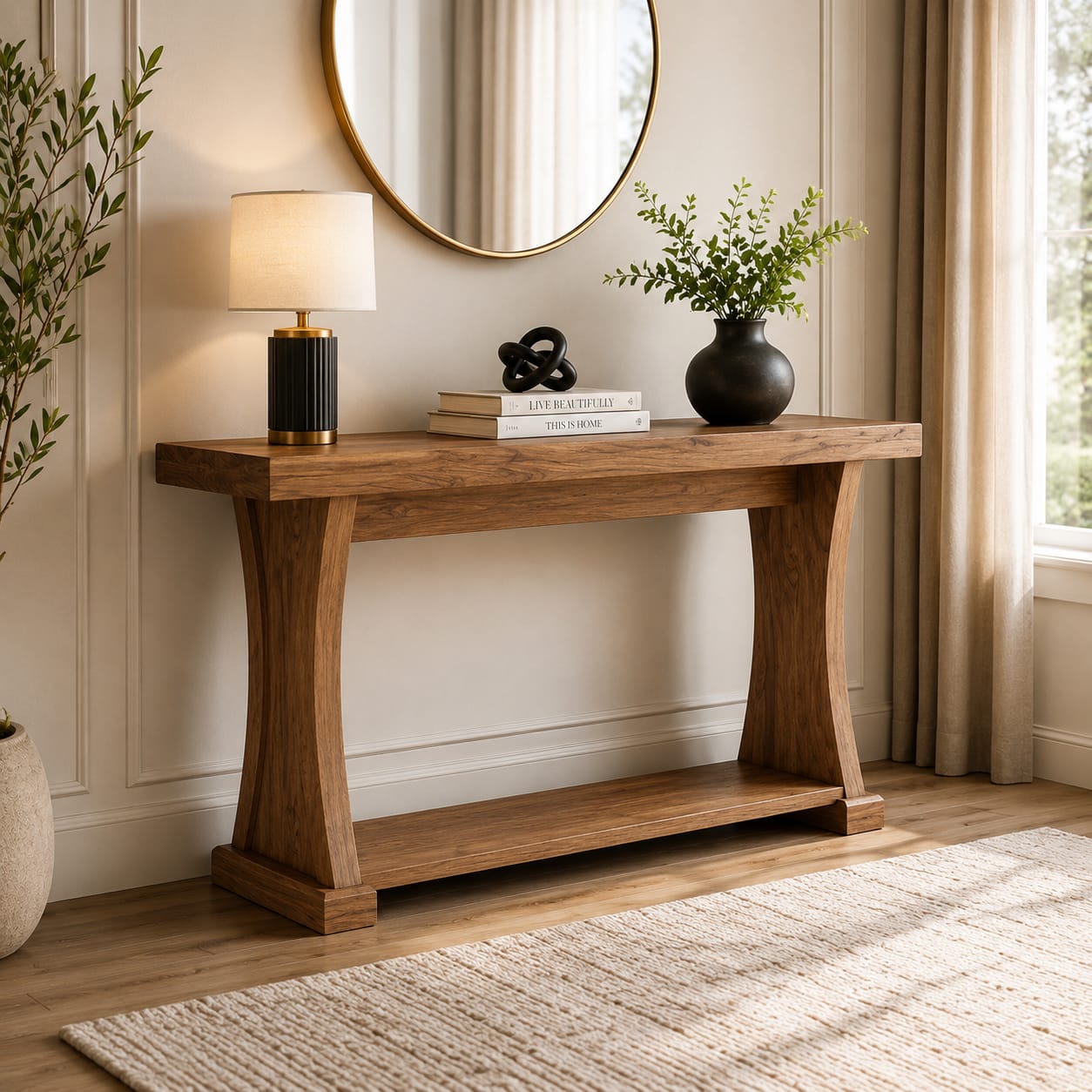 Solid Sheesham wood console table with lower display shelf, crafted by Sellixpk Furniture Hub, featuring a polished finish and natural wood grain.