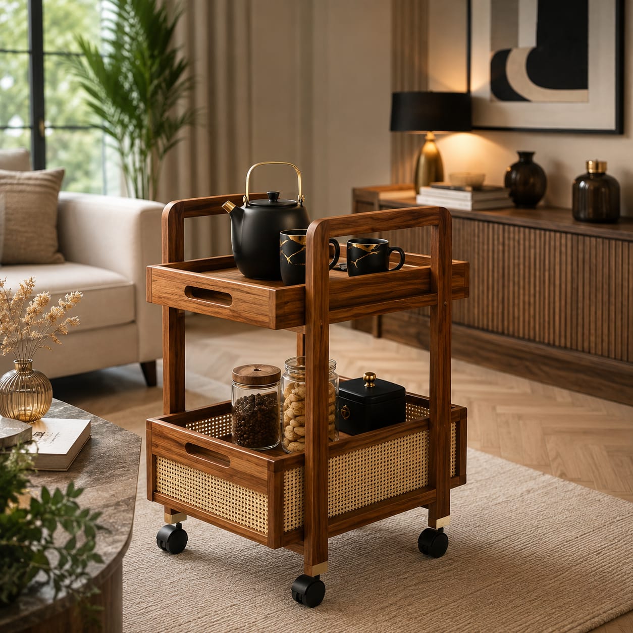 Solid Sheesham wood serving trolley with two tiers and rattan accents, perfect for serving and storage in home or restaurant settings.