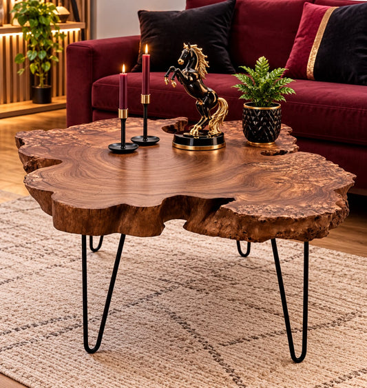 Solid Sheesham wood round live edge coffee table by Sellixpk Furniture Hub, showcasing natural wood grain and smooth edge design.