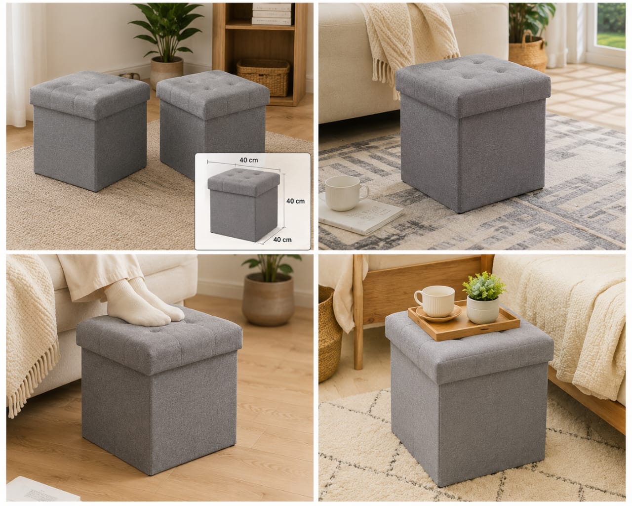 Premium Foldable Storage Ottoman Set (Pair) – Tufted Fabric Storage Cubes with Hidden Storage