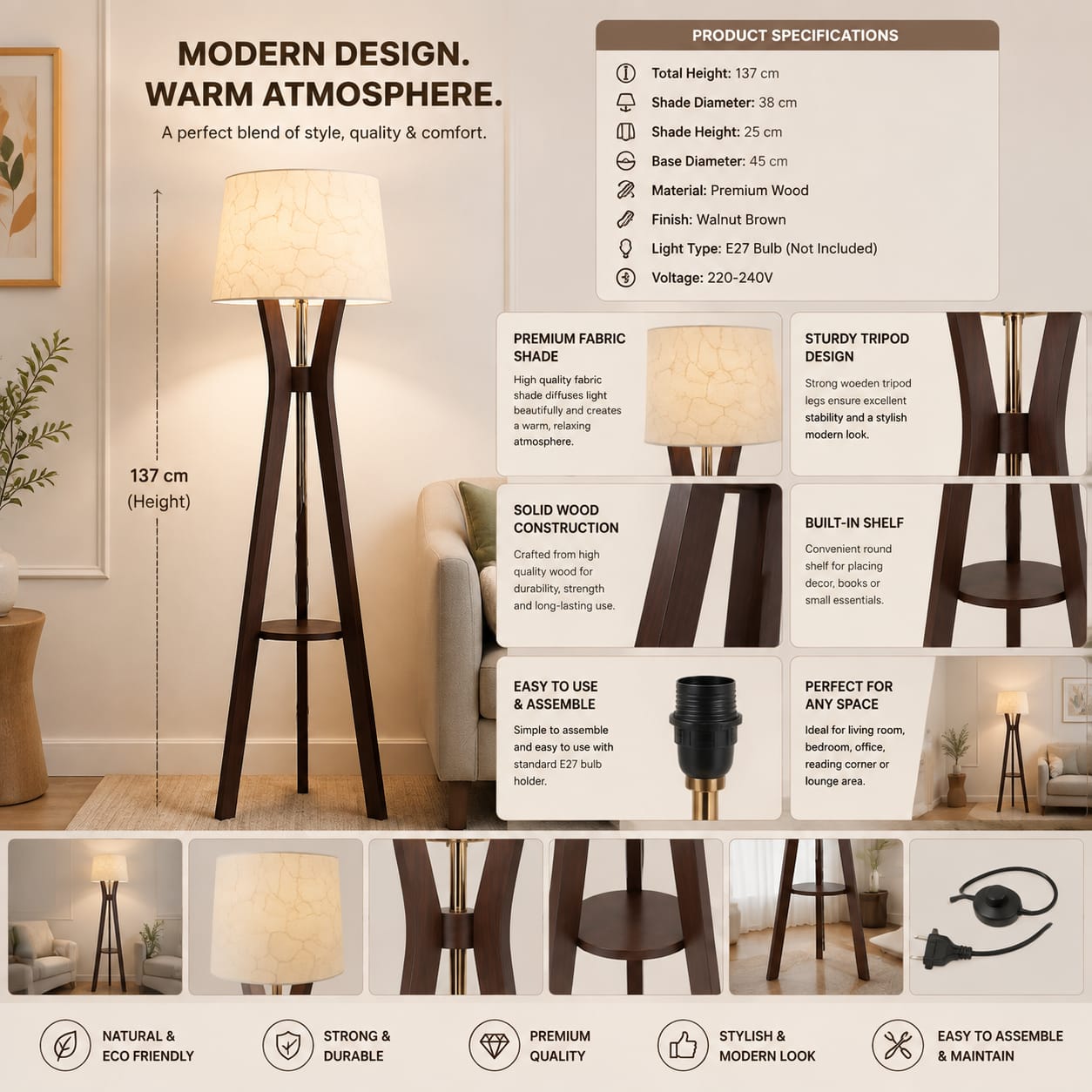 Premium Sheesham Wood Tripod Floor Lamp with Shelf