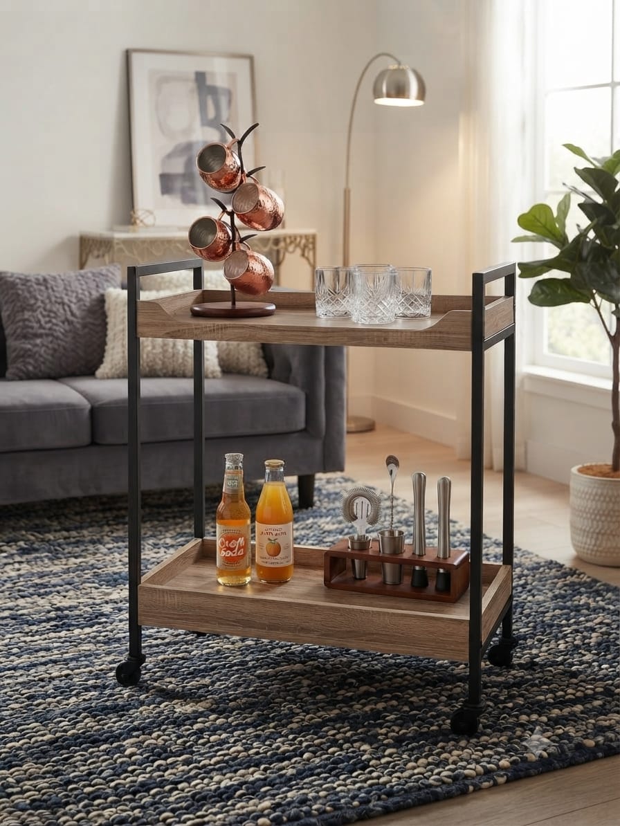 Industrial kitchen serving trolley cart with wood shelves, 60cm wide, from Sellixpk Furniture Hub, featuring sturdy design and ample storage space.
