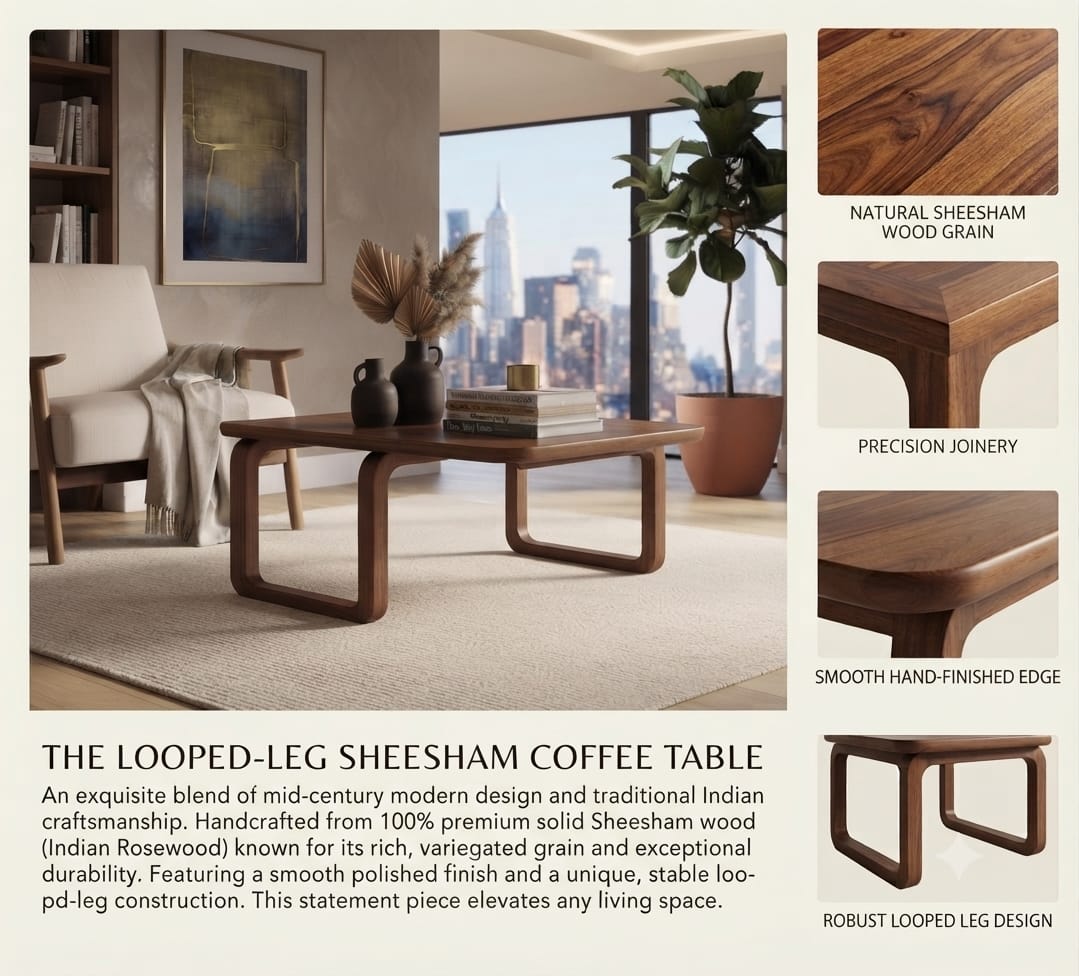 Modern Sheesham Wood Loop Leg Coffee Table