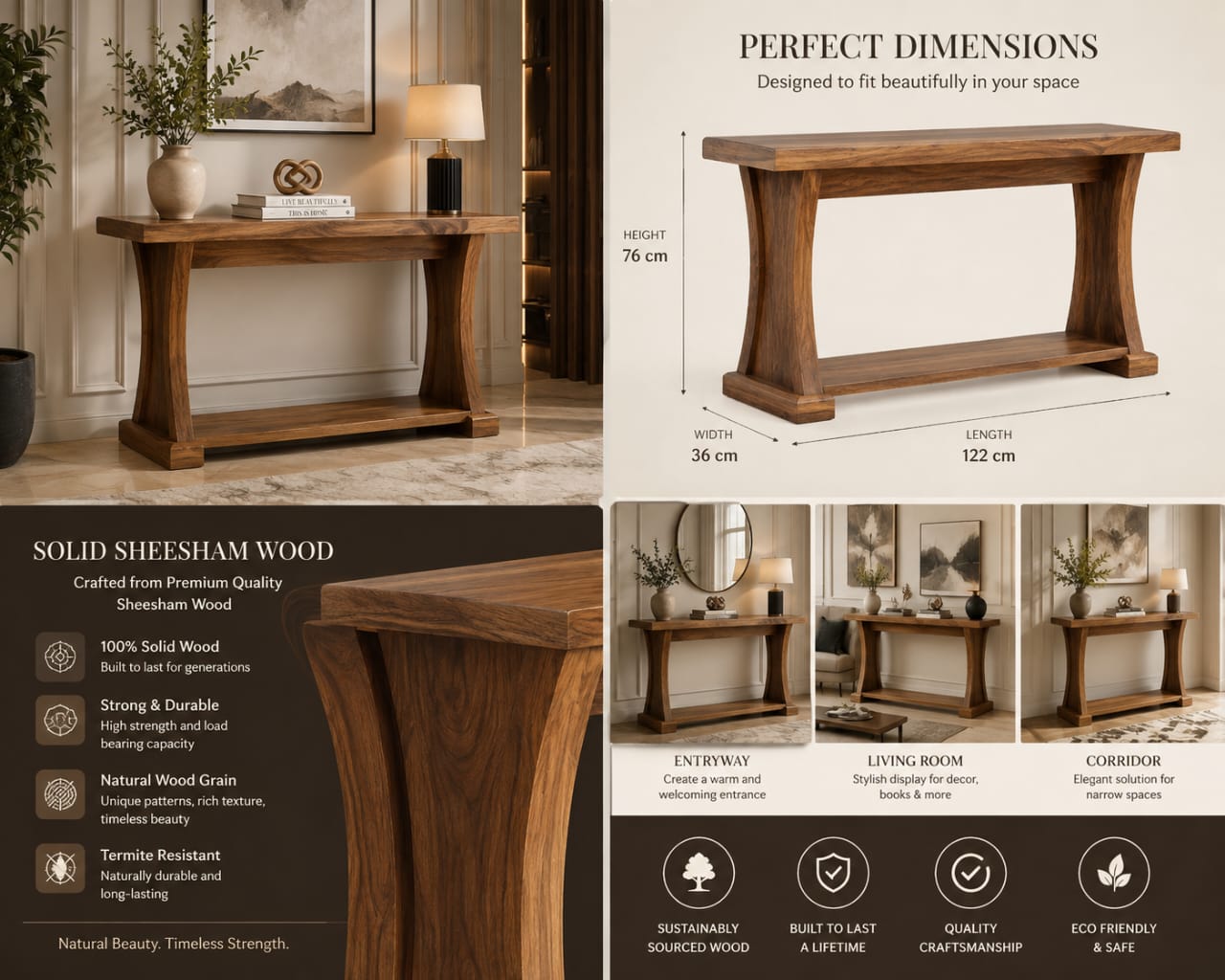 Solid Sheesham wood console table with lower display shelf, natural finish, ideal for entryways or living rooms.