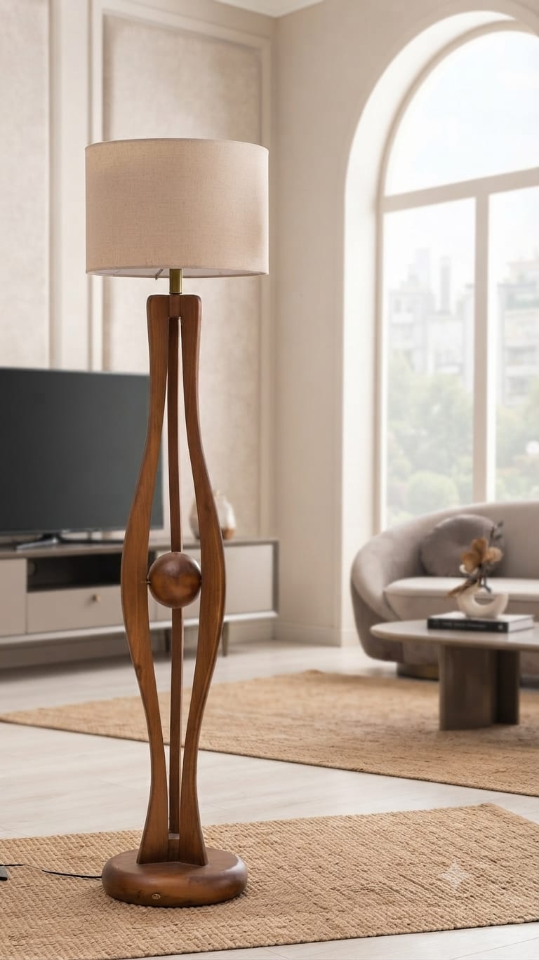 Solid Sheesham wood floor lamp stand, 139cm tall, modern luxury home decor from Sellixpk Furniture Hub with sleek design