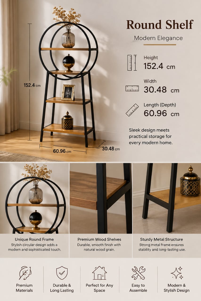 Modern round wooden shelf with metal frame and display storage, showcasing sleek design and versatile home organization.