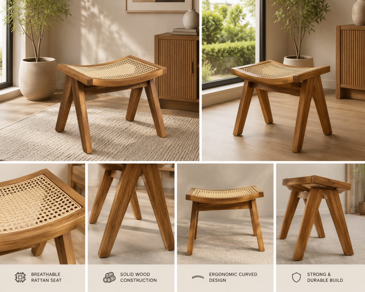 Premium Solid Sheesham Wood Rattan Stool