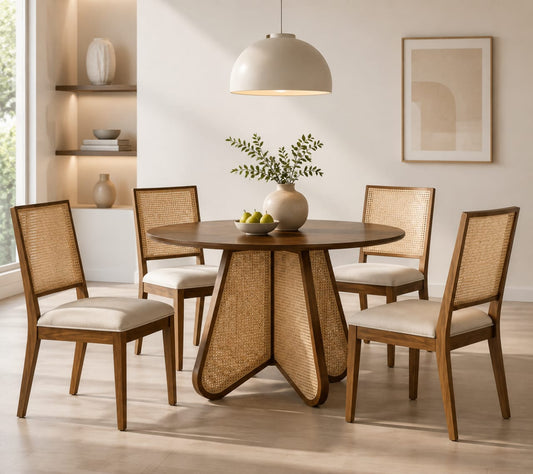 Modern Wooden Dining Table Set with Rattan Chairs