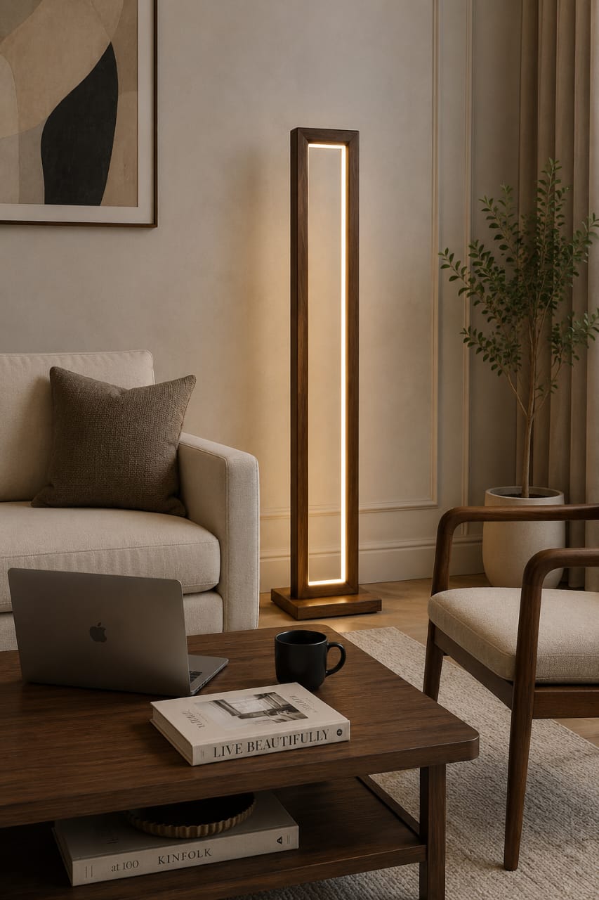 Modern LED wooden floor lamp made of solid Sheesham wood, 152cm tall with a sleek design and warm lighting.