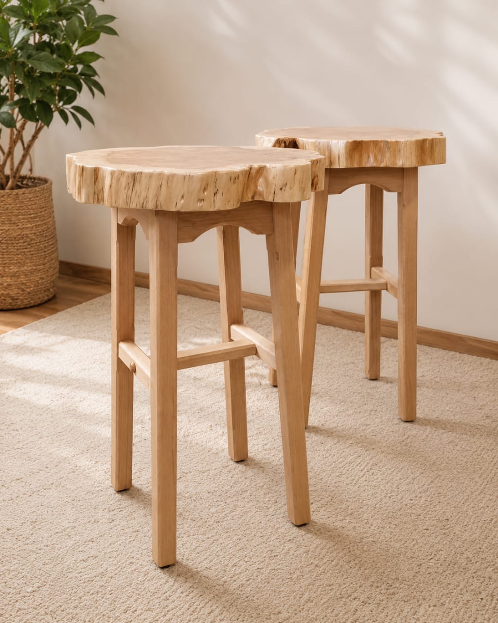 Set of two Solid Sheesham wood live edge side tables in natural oak finish, showcasing rustic and handcrafted furniture style.
