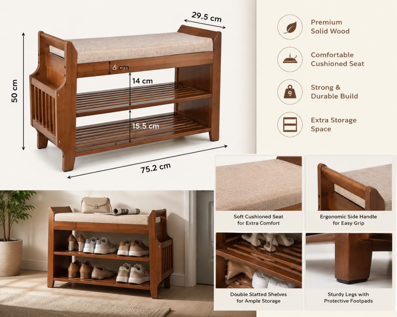 Premium Sheesham Wood Shoe Storage Bench