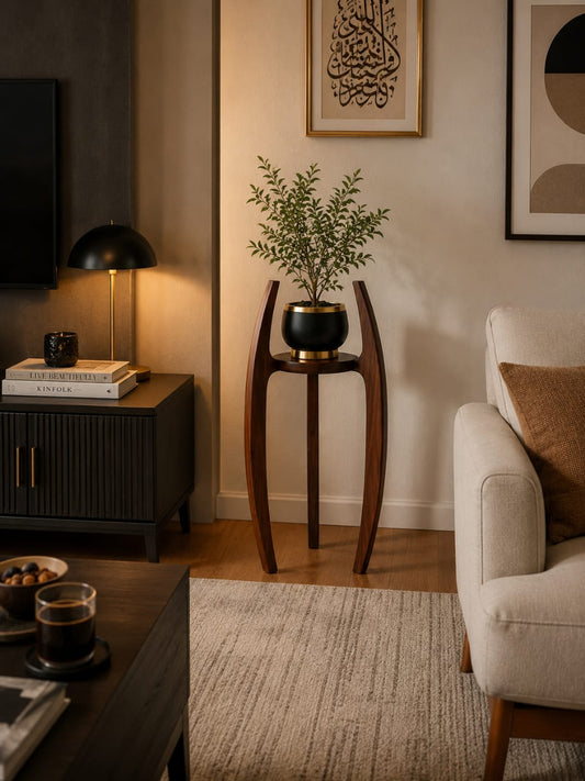 Solid Sheesham wood round plant stand with a luxurious style, featuring a natural finish and sturdy display surface.