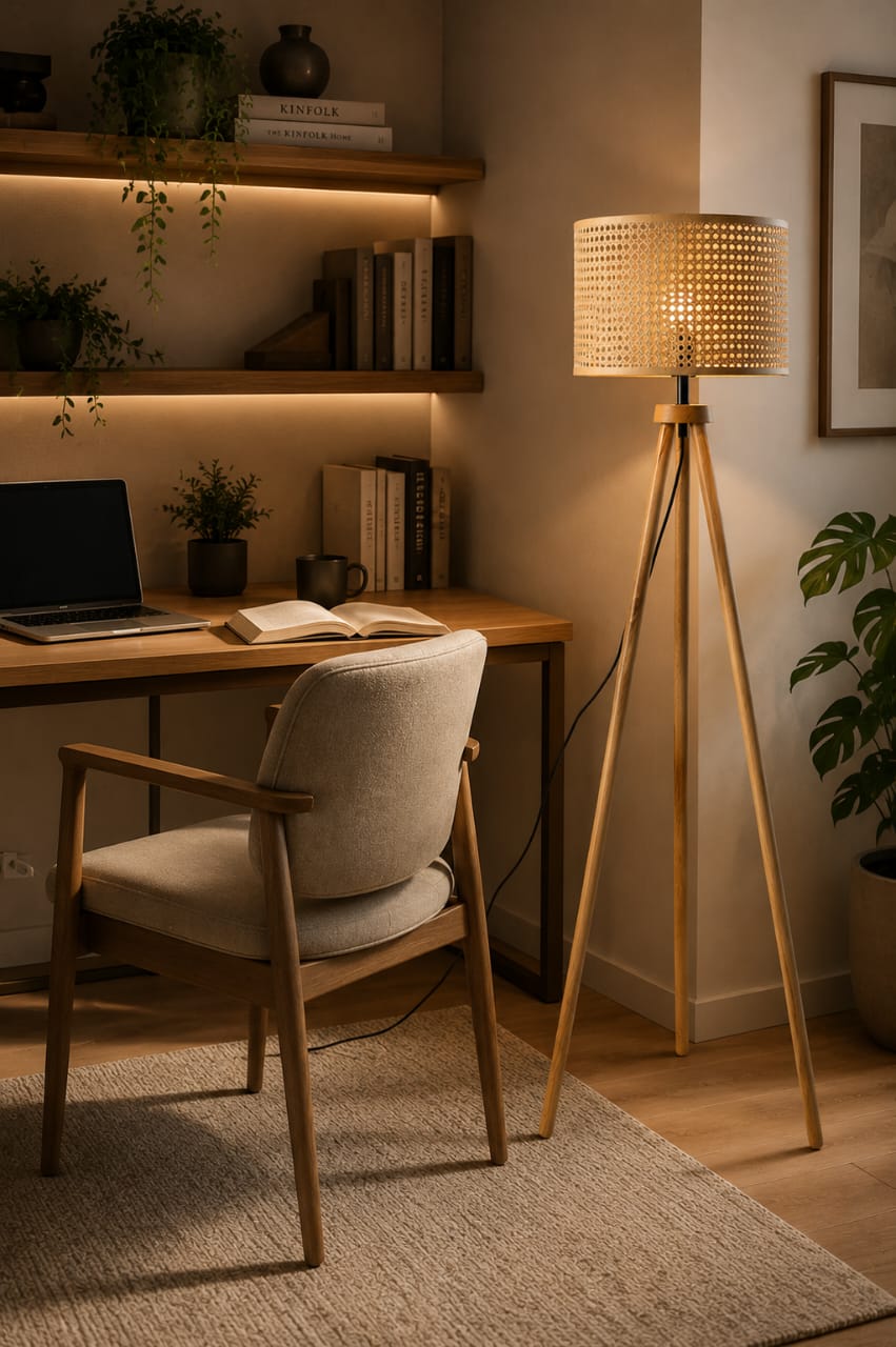 Modern Rattan Floor Lamp with Wooden Tripod Base