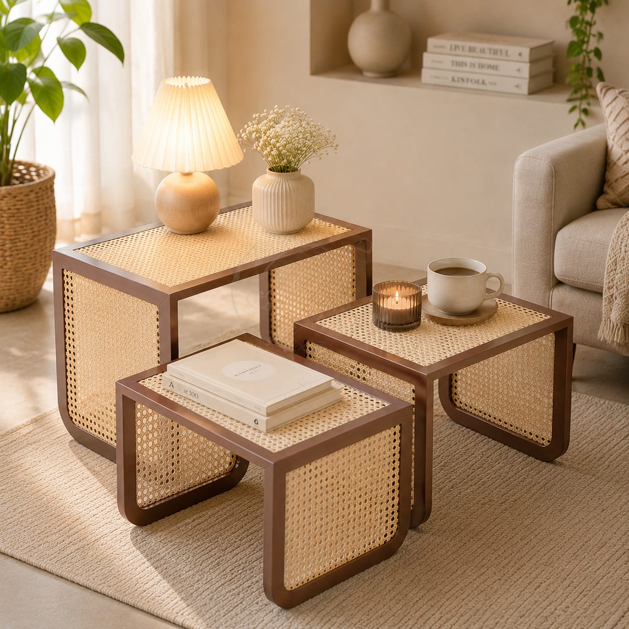Premium 3-Piece Wooden Nesting Coffee Table Set with Rattan Finish