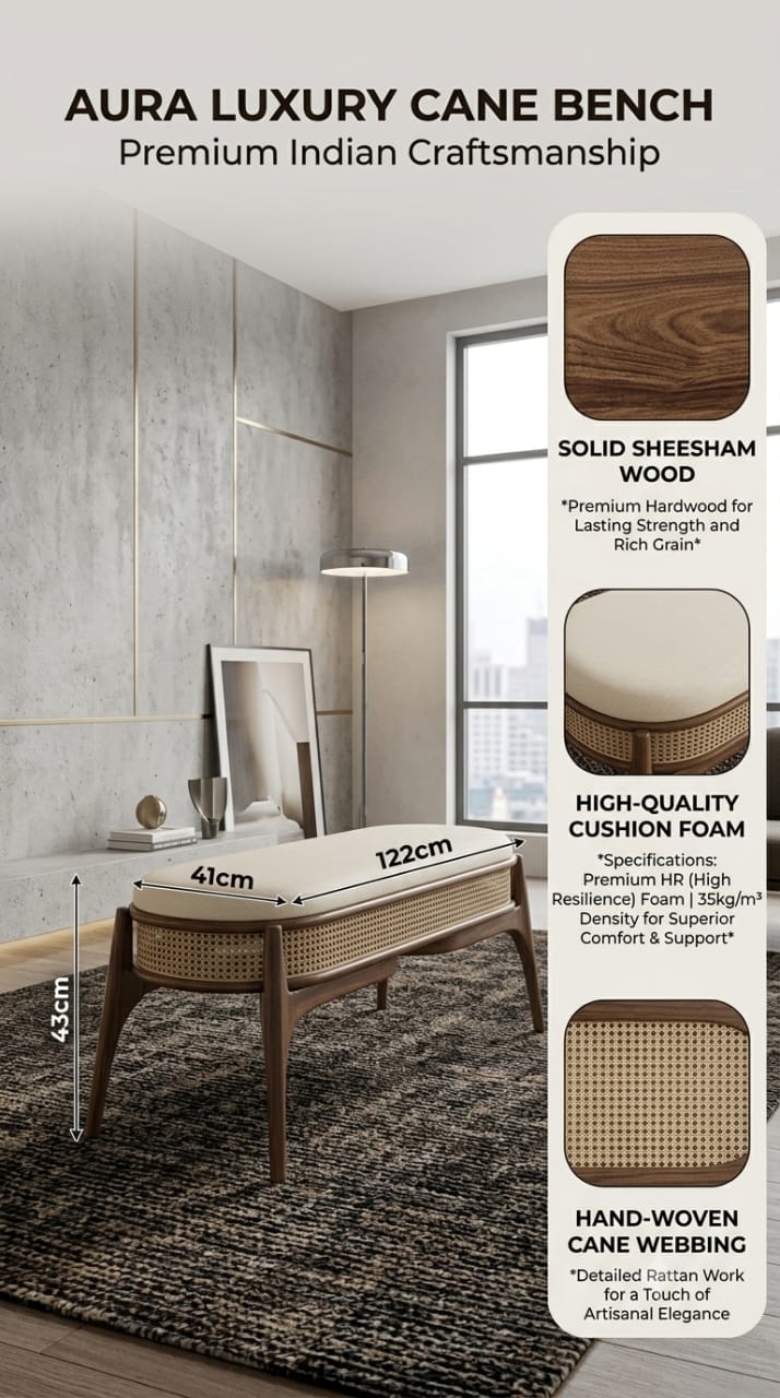 Luxury Sheesham Wood Cane Bench with Premium Cushion
