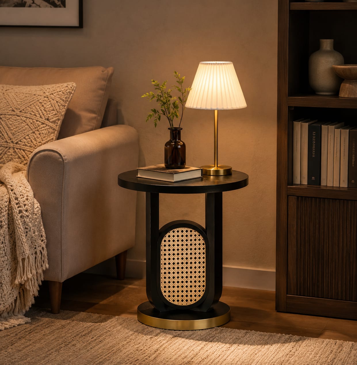 Luxury Sheesham wood side table with handwoven rattan top, showcasing intricate design and natural wood finish from Sellixpk Furniture Hub.