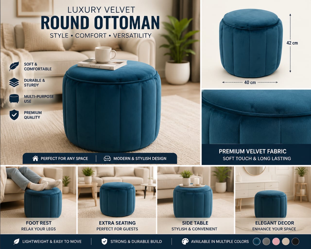 Luxury Velvet Round Ottoman Stool