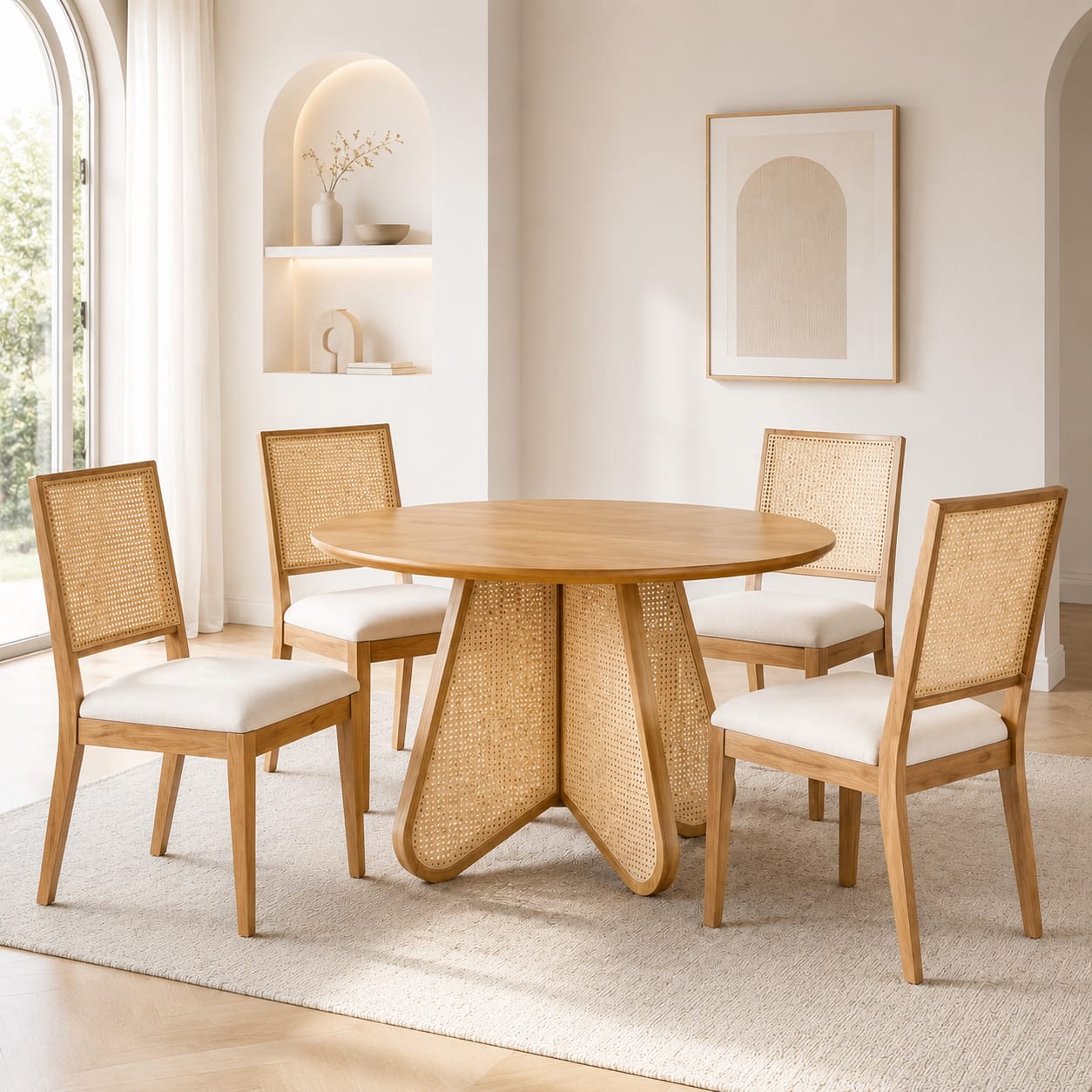 Modern Wooden Dining Table Set with Rattan Chairs
