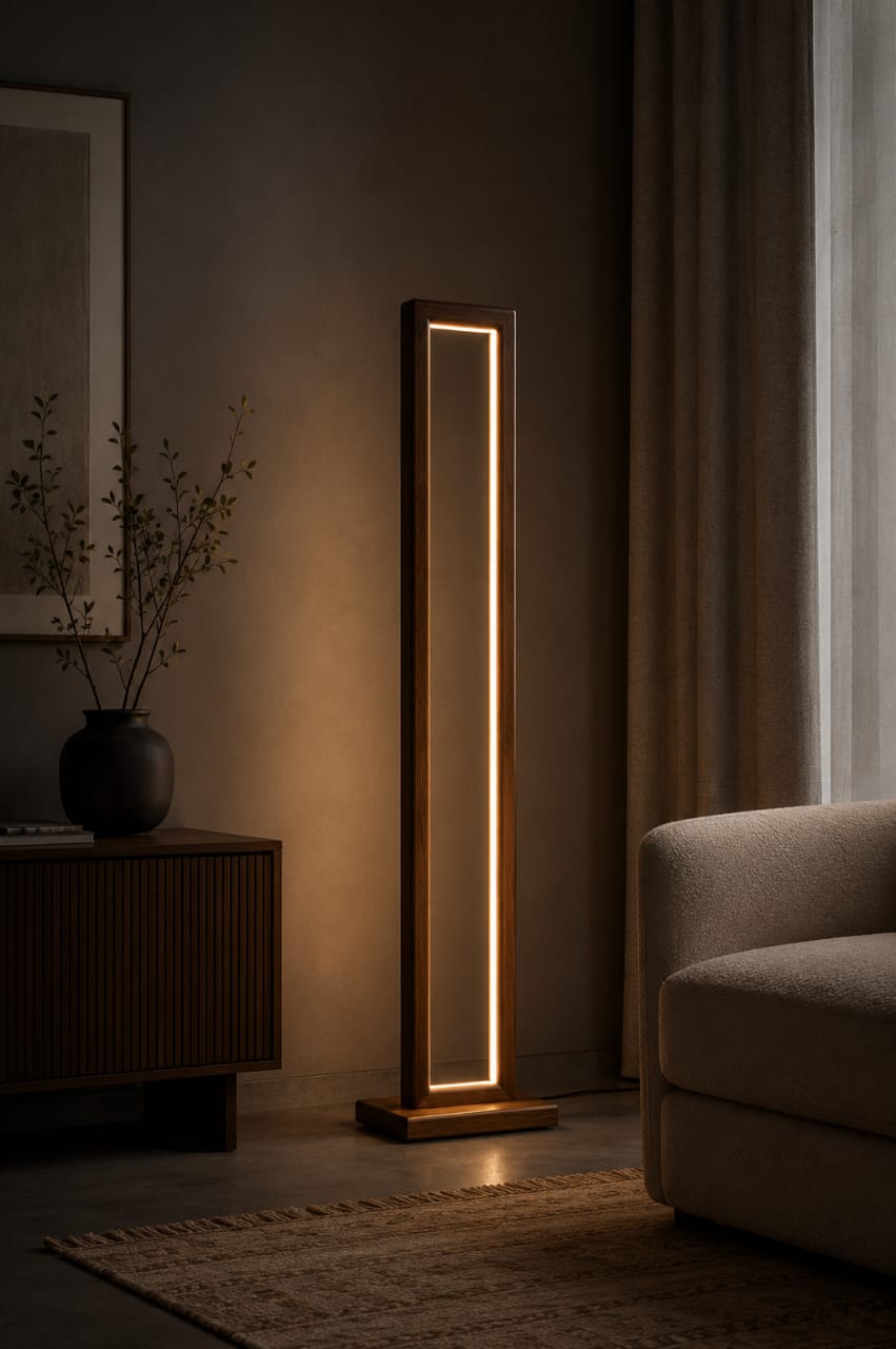 Modern LED wooden floor lamp made of solid Sheesham wood, 152cm tall with a sleek, natural finish from Sellixpk Furniture Hub.