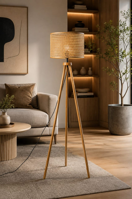 Modern Rattan Floor Lamp with Wooden Tripod Base