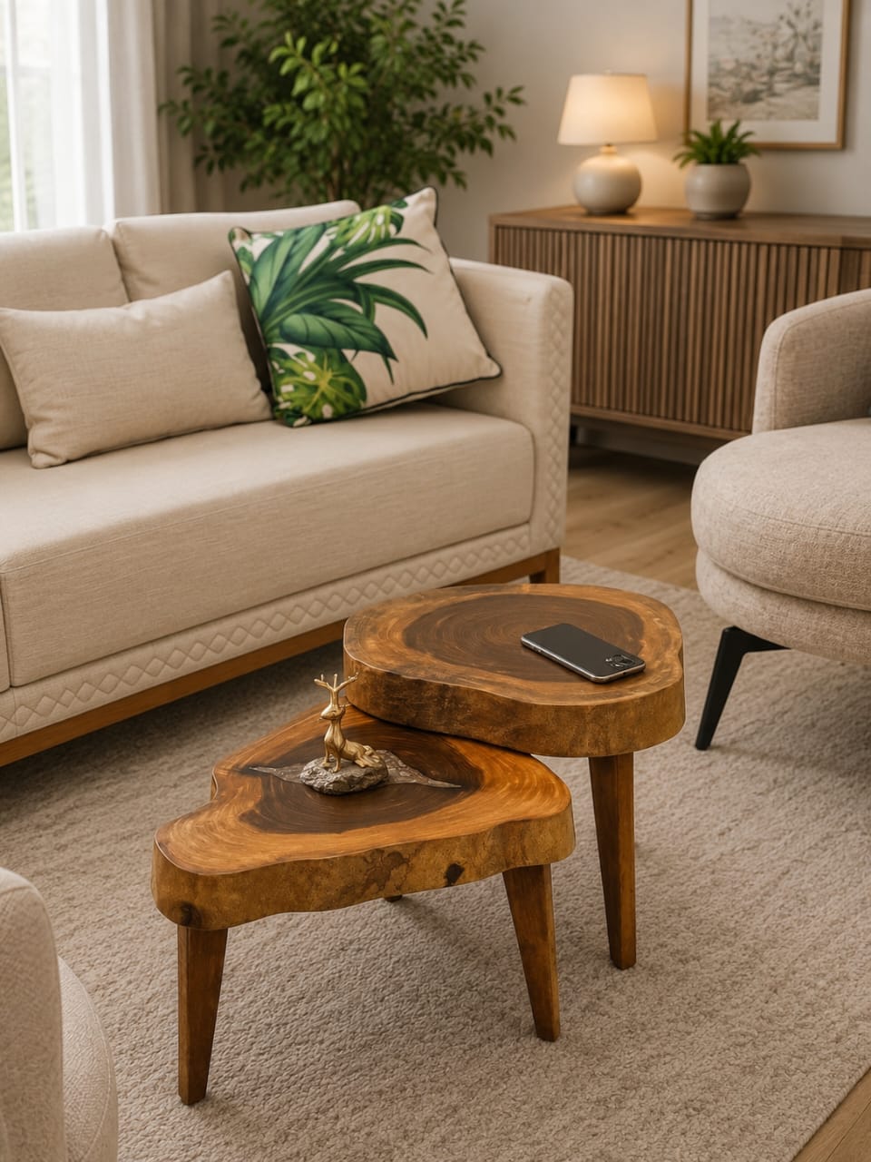 Two solid sheesham wood nesting coffee tables with live edge design, showcasing natural wood grain and smooth finish.