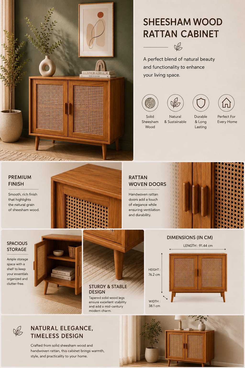 Premium Sheesham Wood Rattan Storage Cabinet